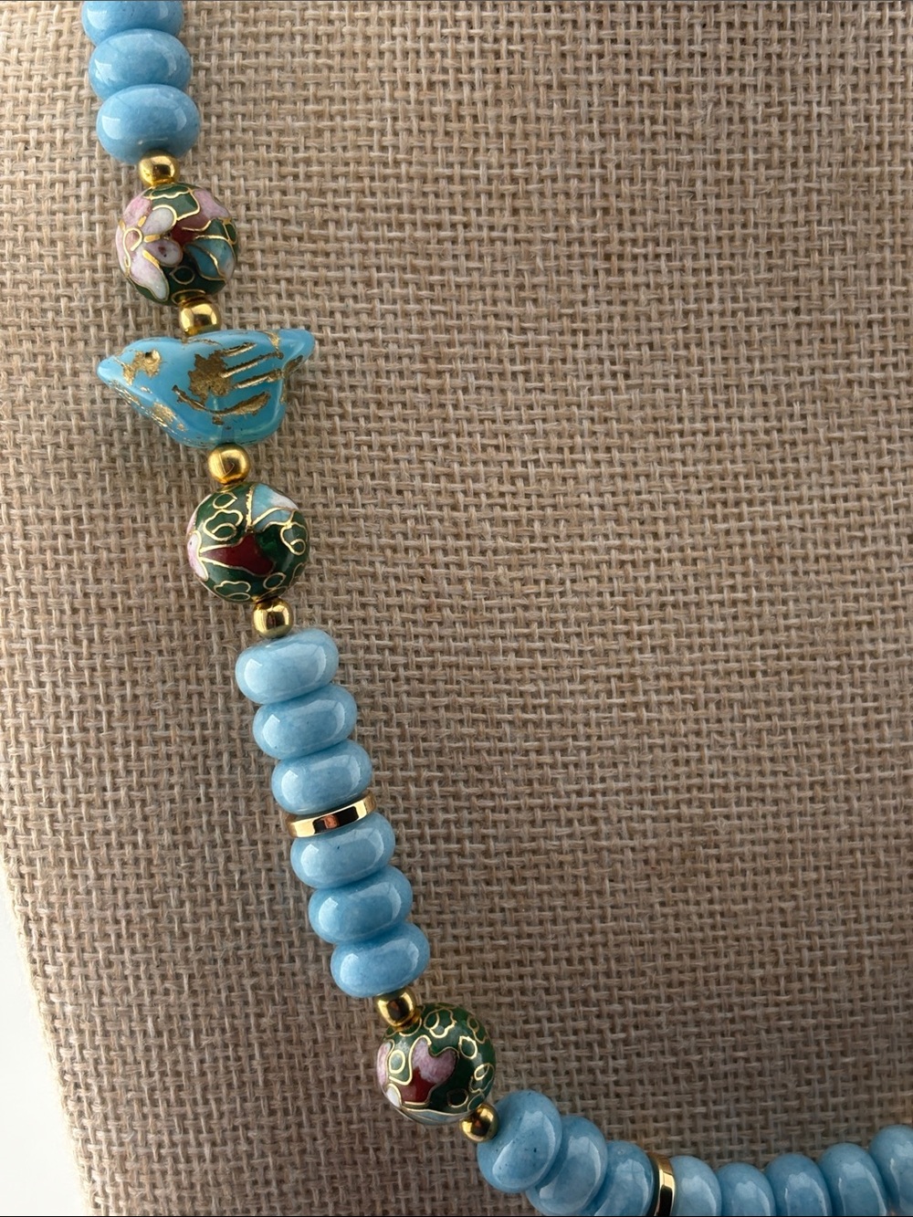 Aquamarine Cloisonnée and Czech Glass Blue Bird necklace - Picture 3 of 5